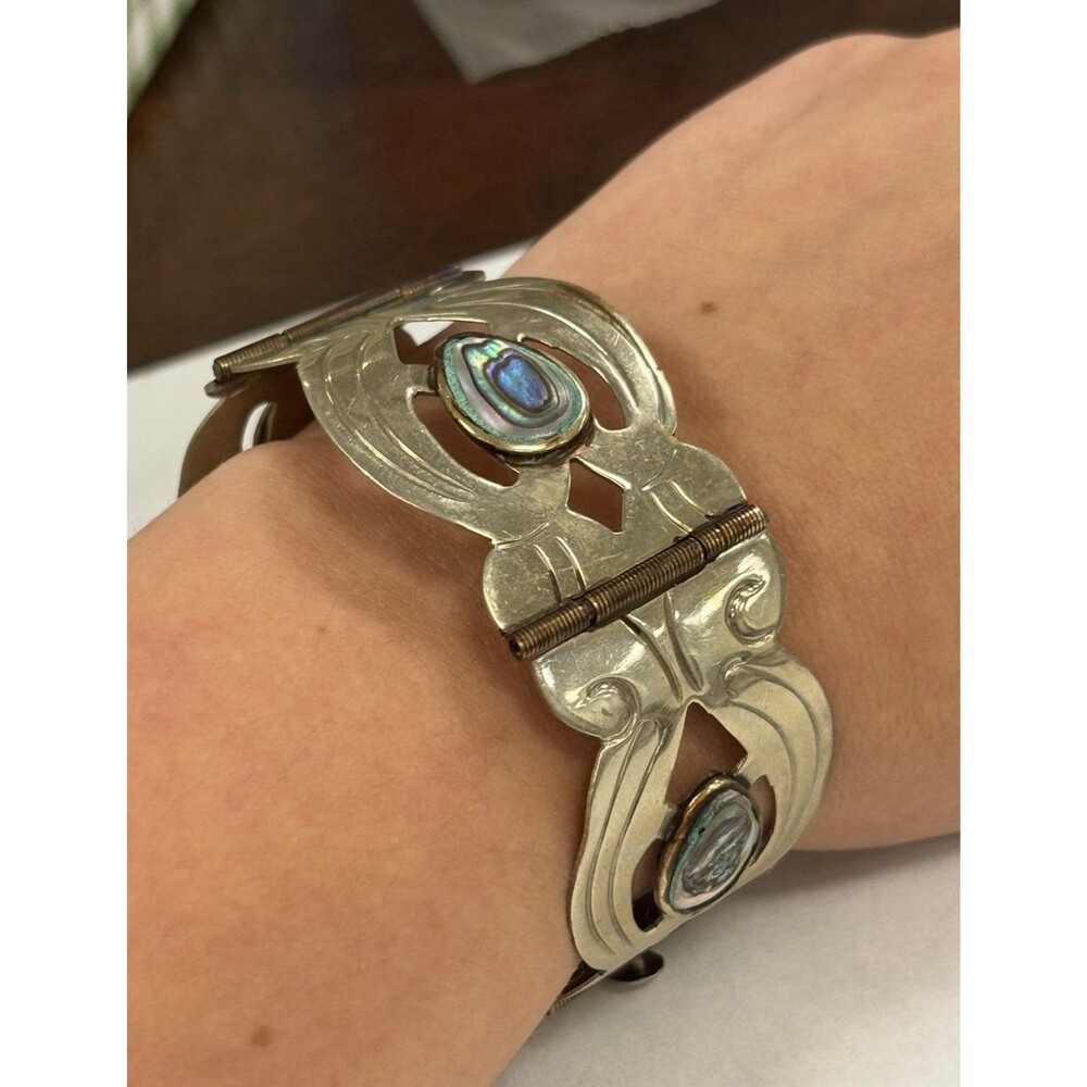 Vintage Mexico Alpaca Abalone Articulated Panel Bracelet Signed Statement